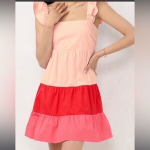 $70 Lauren Conrad babydoll pink & red butterfly sleeve and bow tie back dress. M
